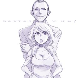 Rule 34 | 1boy, 1girl, armkreuz, breasts, cleavage, doctor who, grin, jacket, monochrome, ninth doctor, purple theme, rose tyler, short hair, smile, the doctor