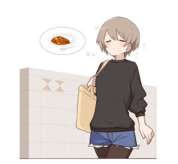 Rule 34 | 1girl, azu ankoowl, bag, black pantyhose, black shirt, blue shorts, blush, breasts, brown hair, closed eyes, closed mouth, commentary, curry, curry rice, food, hair between eyes, highres, pantyhose under shorts, long sleeves, original, pantyhose, plate, puffy long sleeves, puffy sleeves, rice, shirt, short shorts, shorts, simple background, small breasts, solo, spoken food, spoon, symbol-only commentary, wall, white background