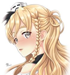 Rule 34 | 1girl, blonde hair, braid, commentary request, french braid, grey eyes, hat, highres, kantai collection, long hair, mini hat, one-hour drawing challenge, simple background, solo, tk8d32, upper body, wavy hair, white background, white hat, zara (kancolle)