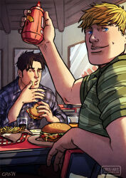 Rule 34 | 2boys, bad id, bad tumblr id, bara, black hair, blonde hair, blue eyes, burger, collared shirt, couple, cris art, fast food, food, green shirt, holding, holding food, hulkling, ketchup, looking to the side, male focus, marvel, multiple boys, pectorals, shirt, short hair, sideburns, smile, thick eyebrows, turning around, upper body, wiccan, wiping mouth, yaoi