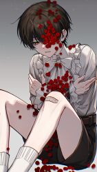 1boy absurdres black_hair black_shorts clenched_teeth feet_out_of_frame flower flower_on_face frilled_shirt frills hands_on_own_arms head_down highres knees_up long_sleeves looking_down male_focus nanin on_floor one_eye_covered original red_flower self_hug shadow shirt short_hair shorts sitting socks solo teeth white_shirt white_socks yellow_eyes