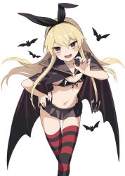 Rule 34 | 1girl, alternate costume, anchor hair ornament, bat (animal), black bra, black cape, black panties, black skirt, blonde hair, bra, breasts, cape, commentary request, fang, grey eyes, hair ornament, halloween costume, highleg, highleg panties, kantai collection, leaning forward, long hair, microskirt, one-hour drawing challenge, panties, pleated skirt, shimakaze (kancolle), simple background, skin fang, skirt, small breasts, solo, standing, striped clothes, striped thighhighs, thighhighs, underwear, vampire, white background, yamashichi (mtseven)