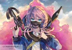 Rule 34 | 1girl, ahoge, arknights, between fingers, black choker, blue eyes, blue jacket, blue poison (arknights), blurry, bow (weapon), bowgun, choker, collared shirt, commentary, commission, english commentary, goggles, gun, holding, holding dart, holding gun, holding weapon, hood, hood up, hooded jacket, jacket, long hair, long sleeves, looking at viewer, low twintails, mask, mouth hold, open clothes, open jacket, pink hair, radiation symbol, rocket launcher, shirt, solo, twintails, upper body, venn (vebonbon), weapon, weapon on back, white shirt