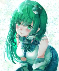 Rule 34 | 1girl, absurdres, bare shoulders, blue skirt, blush, breasts, closed mouth, cowboy shot, detached sleeves, frog hair ornament, green eyes, green hair, gumi (fwjn7284), hair ornament, hair tubes, hands on lap, highres, kochiya sanae, leaning forward, long hair, looking at viewer, medium breasts, shirt, sidelocks, simple background, skirt, sleeveless, sleeveless shirt, snake hair ornament, solo, swept bangs, touhou, v-shaped eyebrows, v arms, white background, white shirt
