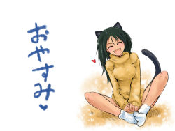 Rule 34 | 1girl, :d, ^ ^, alternate breast size, alternate hairstyle, animal ears, blush, cat ears, cat tail, closed eyes, fangs, feet, feet together, francesca lucchini, hair down, heart, highres, indian style, knees apart feet together, long hair, long sleeves, mishiro shinza, no shoes, open mouth, simple background, sitting, smile, socks, solo, strike witches, sweater, tail, translated, v arms, white background, white socks, world witches series