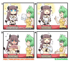 Rule 34 | &gt; &lt;, 2girls, 4koma, absurdres, animal ears, bad id, bad pixiv id, bell, blue eyes, blush stickers, breasts, brown hair, cat girl, cleavage, closed eyes, clothes in mouth, clothes lift, comic, cow ears, cow girl, cow tail, cum, cum in container, cum in cup, cumdrip, cup, dress, dress lift, drinking, ejaculation, english text, gokkun, green hair, greenteaneko, hand on own hip, highres, holding, holding cup, horns, implied futanari, implied masturbation, large breasts, medium breasts, mouth hold, multiple girls, original, shaded face, shirt in mouth, sideboob, silent comic, skirt, sparkle, square 4koma, tail, tongue, trembling, underboob, yellow eyes