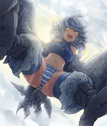 Rule 34 | 1girl, :d, ahoge, ass, backlighting, bare shoulders, bird tail, breasts, cloud, commentary request, digitigrade, from below, grey hair, halterneck, harpy, harpy (monster girl encyclopedia), highres, looking at viewer, looking down, medium breasts, medium hair, midriff, monster girl, monster girl encyclopedia, nanostar, navel, open mouth, panties, smile, solo, striped clothes, striped panties, tail, underwear, winged arms, wings, yellow eyes