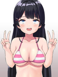 Rule 34 | 1girl, ahegao, bare arms, bare shoulders, bikini, black hair, blue eyes, blush, braid, breasts, collarbone, commission, double v, gradient background, grey background, hair ornament, hairclip, hands up, long hair, looking away, looking up, md5 mismatch, medium breasts, nijisanji, pixiv commission, resolution mismatch, solo, source larger, striped bikini, striped clothes, swimsuit, tsukino mito, tsunaso (lack of sunlight), upper body, v, very long hair, virtual youtuber, white background