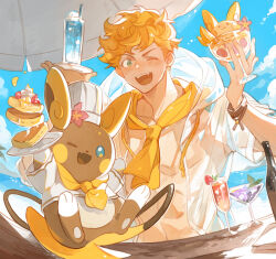 Rule 34 | 1boy, :d, alolan form, alolan raichu, beach, blonde hair, blue eyes, commentary, creatures (company), crossover, food, game freak, gen 7 pokemon, granblue fantasy, highres, holding, looking at viewer, luminous slime, male focus, muscular, muscular male, nintendo, one eye closed, open mouth, pancake, pokemon, pokemon (creature), short hair, smile, souffle pancake, symbol-only commentary, tail, vane (granblue fantasy)