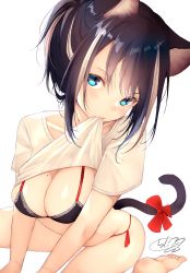 Rule 34 | 1girl, animal ears, barefoot, black hair, blue eyes, bra, cat ears, cat girl, cat tail, chita (ketchup), highres, multicolored hair, original, panties, ribbon, side-tie panties, simple background, sitting, soles, solo, streaked hair, tail, tail ornament, tail ribbon, underwear, wariza, white background, white hair