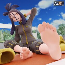 Rule 34 | 1girl, 3d, absurdres, arezai, artist logo, barefoot, blue sky, creatures (company), dendra (pokemon), feet, foot focus, game freak, highres, jacket, looking at viewer, nintendo, on ground, pants, pokemon, pokemon sv, scar, shoes, sitting, sky, soles, solo, teeth, toes, unworn shoes, upper teeth only