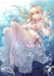 Rule 34 | 1girl, absurdres, ahoge, anklet, bare shoulders, barefoot, bead anklet, bikini, blonde hair, breasts, bubble, cleavage, collarbone, criss-cross halter, dress, fate/grand order, fate (series), feet, fish, gown, green eyes, hair between eyes, hair intakes, halterneck, highres, jellyfish, jewelry, large breasts, legs, long hair, looking at viewer, nero claudius (fate), nero claudius (fate) (all), nero claudius (swimsuit caster) (fate), nero claudius (swimsuit caster) (third ascension) (fate), open mouth, red bikini, rj (lingshih10), side-tie bikini bottom, smile, solo, striped bikini, striped clothes, swimming, swimsuit, thighs, underwater