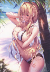 Rule 34 | 1girl, absurdres, arm behind head, arm up, bare shoulders, beach, bikini, blonde hair, blue eyes, blue sky, blurry, blurry background, blush, breasts, cloud, day, hanikami kanojo, highres, holding, jewelry, long hair, medium breasts, navel, necklace, ocean, open mouth, outdoors, palm tree, piromizu, scan, shadow, shoudou erena, simple background, sky, solo, stomach, swimsuit, thighs, tree, water, water drop, wet