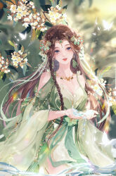 Rule 34 | 1girl, absurdres, artist request, baiguio (zhu xian), blue eyes, branch, brown hair, bug, butterfly, clothing cutout, dress, flower, glowing butterfly, green dress, hair ornament, highres, insect, jewelry, long hair, necklace, parted lips, sash, second-party source, shoulder cutout, solo, teeth, upper body, water, holding water, zhu xian
