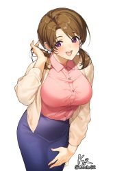 Rule 34 | 1girl, :d, artist logo, bad id, bad pixiv id, blue skirt, blush, breasts, brown hair, buttons, collared shirt, commission, cowboy shot, curvy, eyes visible through hair, hair bobbles, hair ornament, hand in own hair, jacket, k52, korean commentary, large breasts, leaning forward, long sleeves, looking to the side, mahouka koukou no rettousei, medium hair, mitsui honoka, open clothes, open jacket, open mouth, parted bangs, pink shirt, purple eyes, shirt, shirt tucked in, short twintails, signature, simple background, skirt, smile, solo, taut clothes, taut skirt, twintails, twitter username, white background, yellow jacket