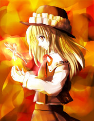 Rule 34 | 1girl, ao-shiba, blonde hair, brown dress, brown eyes, brown hat, cross, dolls in pseudo paradise, dress, extra, floating, frilled hat, frills, from side, hat, jacket girl (dipp), long sleeves, looking down, magic, parted lips, ribbon, solo, touhou, yellow eyes