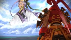 Rule 34 | 2boys, armor, armored skirt, back, bow, chen gong, chen gong (fate), chinese armor, chinese clothes, cloud, cloudy sky, coat, dark skin, fate/extella, fate/extra, fate (series), folding fan, game cg, green bow, green ribbon, hair bow, hairband, hand fan, highres, looking at another, looking down, lu bu, lu bu (fate), multiple boys, non-web source, official art, photoshop (medium), ponytail, purple eyes, purple hair, red hair, ribbon, romance of the three kingdoms, sky, wada arco, white coat