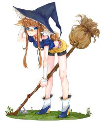 Rule 34 | 1girl, :t, bad id, bad pixiv id, bandaid, bandaid on face, bandaid on nose, blue eyes, broom, broom riding, freckles, hat, highres, license plate, looking at viewer, mizu (kinimmm), original, shorts, solo, white background, witch, witch hat