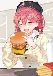 Rule 34 | 1girl, :3, :d, ahoge, blush, burger, burger malfunction, casual, closed eyes, commentary request, failure, food, hair between eyes, hair ornament, hat, highres, hololive, long hair, long sleeves, low twintails, mizuki ryuu, open mouth, pink hair, ribbed sweater, sakura miko, sakura miko (casual), smile, solo, sweater, twintails, upper body, virtual youtuber