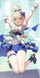 Rule 34 | 1girl, aqua eyes, arms up, black footwear, blonde hair, blue bow, blue shorts, bow, commentary request, cowengium, frills, full body, hair between eyes, hat, highres, hololive, idol, kazama iroha, looking at viewer, medium hair, midair, mini hat, mini top hat, navel, open mouth, puffy short sleeves, puffy sleeves, shirt, short shorts, short sleeves, shorts, smile, solo, teeth, thigh strap, top hat, upper teeth only, virtual youtuber, white hat, white shirt, wrist cuffs