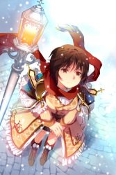 Rule 34 | 1girl, boots, breasts, brown eyes, brown hair, frills, lace, lamppost, long coat, lowres, medium breasts, red scarf, scarf, short hair, skirt, snowing, solo, stigma witness felicia, sword girls