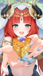 Rule 34 | 1girl, absurdres, blue eyes, circlet, crop top, detached sleeves, fake horns, food, genshin impact, harem outfit, highres, holding, holding food, horns, jewelry, light blush, looking at viewer, neck ring, nilou (genshin impact), open mouth, puffy sleeves, red hair, shironashiro p, skirt, smile, solo, stomach, twintails, veil