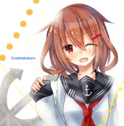 Rule 34 | 10s, 1girl, :d, anchor, bad id, bad pixiv id, brown hair, fang, hair ornament, hairclip, ikazuchi (kancolle), kantai collection, looking at viewer, neckerchief, one eye closed, open mouth, red eyes, red neckerchief, sailor collar, school uniform, serafuku, short hair, smile, solo, twitter username, upper body, yamine kuro