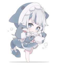 Rule 34 | 1girl, animal hood, blue dress, blue eyes, blunt bangs, blush, bow, bubble, chibi, commentary, drawstring, dress, fins, fish tail, gawr gura, hand puppet, highres, hocmiya, hololive, hololive english, hood, hood up, multicolored hair, puppet, shadow, shark girl, shark hood, shark tail, short sleeves, simple background, solo, streaked hair, stuffed animal, stuffed shark, stuffed toy, symbol-only commentary, tail, tail bow, tail ornament, virtual youtuber, white background