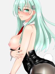 Rule 34 | 1girl, aqua hair, black leotard, blush, breasts, breasts out, cowboy shot, detached collar, green eyes, grey background, hair ornament, hairclip, highres, kantai collection, leotard, long hair, looking at viewer, medium breasts, necktie, nipples, nitamako (sakamalh), pantyhose, playboy bunny, rabbit tail, red necktie, simple background, solo, suzuya (kancolle), tail, wrist cuffs