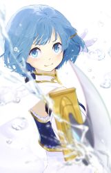 Rule 34 | 1girl, aiming, aiming at viewer, blue eyes, blue hair, blurry, blurry foreground, blush, cape, closed mouth, depth of field, dot nose, floating hair, frills, gloves, hair ornament, hairclip, hand up, high collar, highres, holding, holding sword, holding weapon, light smile, looking at viewer, mahou shoujo madoka magica, mahou shoujo madoka magica (anime), miki sayaka, miki sayaka (magical girl), outstretched arm, shaded face, short hair, simple background, solo, strapless, sword, un nm5sy, upper body, v-shaped eyebrows, water, water drop, weapon, white background, white cape, white gloves