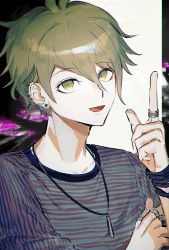 Rule 34 | 1boy, :d, amami rantaro, collarbone, commentary request, danganronpa (series), danganronpa v3: killing harmony, ear piercing, earrings, green eyes, green hair, hair between eyes, highres, index finger raised, jewelry, long sleeves, looking at viewer, male focus, necklace, open mouth, piercing, ring, shirt, short hair, smile, solo, striped clothes, striped shirt, upper body, wanosaku