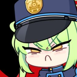 Rule 34 | 1girl, :c, acomu414, angry, animated, animated gif, bad source, black coat, black hat, blue archive, chibi, coat, commentary, frown, green hair, half-closed eyes, hat, long hair, looping animation, lowres, nozomi (blue archive), peaked cap, solo, symbol-only commentary, train conductor, transparent background, twintails, upper body, v-shaped eyebrows