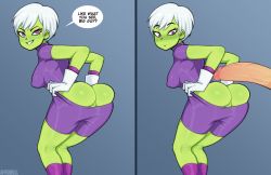 Rule 34 | 1girl, afrobull, ass, bodysuit, breasts, cheelai, cleft of venus, colored skin, dragon ball, dragon ball super, english text, eyebrows, gloves, green skin, grey background, highres, kneepits, legs together, penis, penis awe, purple eyes, pussy, short hair, shorts, sideboob, simple background, skin tight, smile, socks, uncensored, white hair, wide-eyed