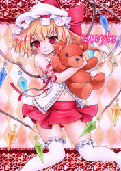 Rule 34 | 1girl, bad id, bad pixiv id, blonde hair, flandre scarlet, funnyfunny, hat, long hair, marker (medium), navel, red eyes, sample watermark, side ponytail, skirt, smile, solo, stuffed animal, stuffed toy, teddy bear, thighhighs, touhou, traditional media, watermark, white thighhighs, wings