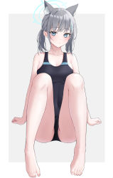 Rule 34 | 1girl, :/, absurdres, animal ear fluff, animal ears, arm support, bare arms, barefoot, blue archive, blue eyes, breasts, cameltoe, cleavage, collarbone, competition swimsuit, covered navel, cross hair ornament, earrings, extra ears, full body, grey hair, hair ornament, halo, highres, jewelry, kirin3145, leaning back, legs, medium breasts, medium hair, one-piece swimsuit, ponytail, shiroko (blue archive), shiroko (swimsuit) (blue archive), side ponytail, sidelocks, sitting, swimsuit, toes, two-tone background, two-tone swimsuit