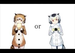 Rule 34 | 10s, 2girls, :t, absurdres, bad id, bad pixiv id, blonde hair, bread, breasts, brown coat, brown eyes, brown hair, coat, cowboy shot, eating, eurasian eagle owl (kemono friends), food, food in mouth, food on face, framed, fur collar, gloves, grey coat, grey hair, head wings, highres, holding, holding food, kemono friends, long sleeves, looking at viewer, multicolored hair, multiple girls, northern white-faced owl (kemono friends), onigiri, pantyhose, rice, rice on face, tamiku (shisyamo609), white background, white gloves, white hair, white legwear, wings, yellow gloves