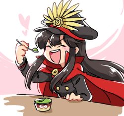 Rule 34 | 1girl, :d, black hair, cape, eating, closed eyes, fate/grand order, fate (series), food, hanjuku tomato, hat, ice cream, koha-ace, long hair, military, military uniform, oda nobunaga (fate), oda nobunaga (koha-ace), open mouth, peaked hat, smile, solo, spoon, uniform
