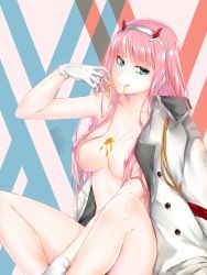 Rule 34 | 10s, 1girl, breasts, coat, darling in the franxx, food on body, food on breasts, gloves, green eyes, hair censor, hairband, highres, honey, horns, jacket, jacket on shoulders, licking lips, long hair, looking at viewer, medium breasts, military jacket, naked coat, pink hair, rei kun, sitting, smile, solo, tongue, tongue out, very long hair, white gloves, zero two (darling in the franxx)