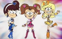 Rule 34 | 3girls, bad source, boots, cosplay, cure berry, cure berry (cosplay), cure peace, cure peace (cosplay), cure pine, cure pine (cosplay), fresh precure!, leni loud, looking at viewer, lowres, luan loud, luna loud, magical girl, multiple girls, precure, smile, the loud house, tooth
