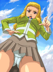 Rule 34 | 00s, 1girl, blue sky, breasts, cloud, cowboy shot, day, dutch angle, eyeshadow, female focus, from below, large breasts, looking at viewer, lowres, makeup, my-hime, outdoors, panties, pantyshot, pointing, pointing at viewer, school uniform, scolding, serafuku, sky, solo, suzushiro haruka, tareme, underwear, upskirt, v-shaped eyebrows, white panties