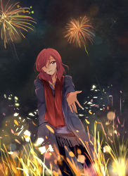 Rule 34 | 10s, 1girl, bad id, bad pixiv id, eris.y (7hai), fireworks, from below, hair over one eye, hand in pocket, looking at viewer, love live!, love live! school idol project, nanami0314, night, nishikino maki, outdoors, outstretched arm, outstretched hand, purple eyes, red hair, scarf, solo, sparks, tears
