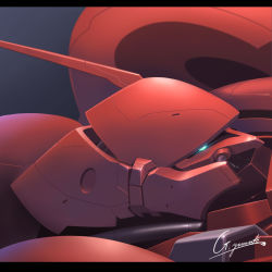 Rule 34 | from side, g.yamamoto, gerbera tetra, glowing, glowing eye, gundam, gundam 0083, highres, letterboxed, looking at viewer, mecha, mobile suit, no humans, one-eyed, robot, science fiction, signature, solo, upper body, zeon