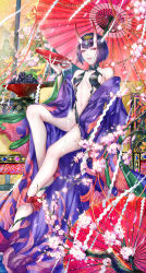 Rule 34 | 1girl, alcohol, ankle ribbon, bare shoulders, barefoot sandals (jewelry), bob cut, breasts, bridal gauntlets, collarbone, cup, eyeliner, fate/grand order, fate (series), food, fruit, fruit bowl, grapes, headpiece, highres, horns, japanese clothes, kimono, leg ribbon, legs, long sleeves, looking at viewer, makeup, navel, off shoulder, oil-paper umbrella, oni, open clothes, open kimono, parted lips, peach, pouring, purple eyes, purple hair, purple kimono, red ribbon, revealing clothes, ribbon, sakazuki, sake, short hair, shuten douji (fate), skin-covered horns, small breasts, umbrella, wide sleeves, yan chunqui