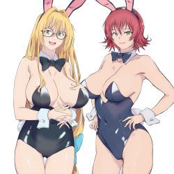 Rule 34 | 2girls, absurdres, animal ears, arado balanga (xchd7538), bad id, bad pixiv id, bare shoulders, blonde hair, detached collar, glasses, green eyes, hairband, highres, leotard, long hair, looking at viewer, mature female, mikado ryouko, multiple girls, open mouth, playboy bunny, rabbit ears, red hair, simple background, tearju lunatique, thighs, to love-ru, to love-ru darkness, white background, wrist cuffs