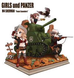 Rule 34 | 10s, 3girls, :d, absurdres, aiming, alisa (girls und panzer), bandana, bird, black shorts, blonde hair, boots, bra, breasts, brown eyes, brown hair, commentary request, copyright name, cowboy boots, cowboy hat, cross-section, eagle, faux figurine, finger on trigger, frown, girls und panzer, gloves, grass, green eyes, grin, gun, hand on own hip, handgun, hat, hat on back, highres, holding, holding gun, holding weapon, hone (honehone083), jewelry, kay (girls und panzer), large breasts, leaning on object, long hair, military, military vehicle, motor vehicle, multiple girls, naomi (girls und panzer), navel, necklace, open mouth, ponytail, red bra, red gloves, revolver, rifle, rock, scorpion, short hair, short shorts, shorts, sign, silver hair, skull, smile, sniper rifle, standing, standing on one leg, striped clothes, striped legwear, striped thighhighs, tank, thighhighs, underwear, weapon, yellow gloves