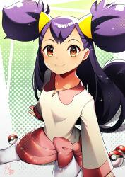 Rule 34 | 1girl, arm support, blush, breasts, brown eyes, closed mouth, collarbone, commentary, creatures (company), eyelashes, game freak, highres, iris (pokemon), long hair, looking at viewer, nintendo, pants, pink skirt, poke ball, poke ball (basic), pokemon, pokemon bw, purple hair, shirt, shisao.illust, sitting, skirt, small breasts, smile, solo, sparkle, two side up, white pants