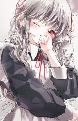 Rule 34 | 1girl, ;), apron, black dress, blush, closed mouth, collared dress, dress, grey background, grey hair, half-closed eye, highres, long hair, long sleeves, looking at viewer, maid, maid apron, neck ribbon, one eye closed, original, red eyes, red ribbon, ribbon, sha2mo, signature, simple background, smile, solo, very long hair, white apron