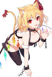 Rule 34 | 1girl, :d, animal ear fluff, animal ears, arm support, bare arms, bare shoulders, bell, black bra, black thighhighs, blonde hair, bow, bra, breasts, cat ears, cat tail, chain, choker, claw pose, collarbone, commentary, crystal, cuffs, fangs, flandre scarlet, hair ribbon, hand up, highres, jingle bell, kemonomimi mode, kneeling, looking at viewer, neck bell, no headwear, no shoes, one side up, open mouth, red bow, red eyes, red ribbon, ribbon, shackles, short hair, simple background, small breasts, smile, snozaki, solo, tail, tail bow, tail ornament, thighhighs, thighs, touhou, underwear, underwear only, white background, wings