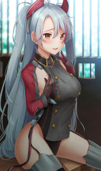 Rule 34 | 1girl, antenna hair, armpit cutout, azur lane, black panties, blush, breasts, brown eyes, clothing cutout, cross, day, garter straps, groin, hair between eyes, hand on own chest, hand up, headgear, highres, index finger raised, indoors, iron cross, kelly 0w0, large breasts, long hair, looking at viewer, mole, mole on breast, multicolored hair, open mouth, panties, prinz eugen (azur lane), red hair, silver hair, sitting, smile, solo, streaked hair, thighhighs, thighs, two side up, underwear, very long hair, window