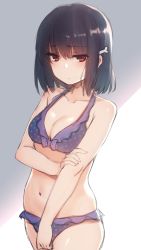 Rule 34 | 1girl, arm grab, bare arms, bare shoulders, bikini, black hair, blush, breasts, cleavage, closed mouth, collarbone, commentary request, cowboy shot, frilled bikini, frills, hair between eyes, hair ornament, highres, light frown, looking at viewer, medium breasts, nagami yuu, navel, original, polka dot, polka dot bikini, purple bikini, red eyes, smile, solo, standing, swimsuit
